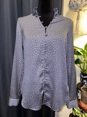 Express Gray-Blue Silver Polka Dot Blouse Long Sleeve